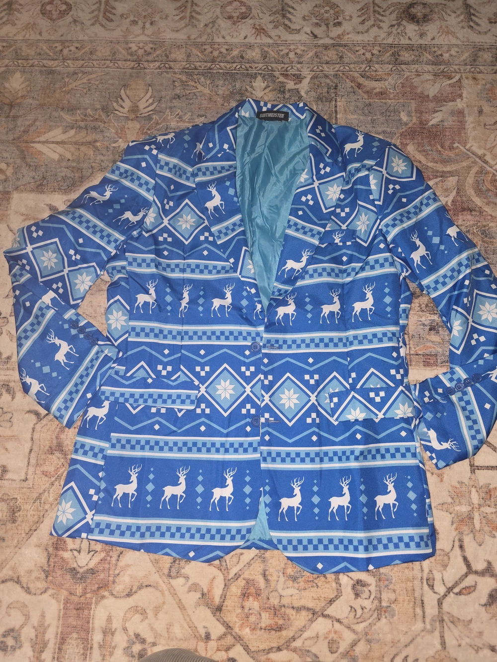 Suitmeister Blue Holiday Reindeer Pattern Blazer. Mens Large 42-44